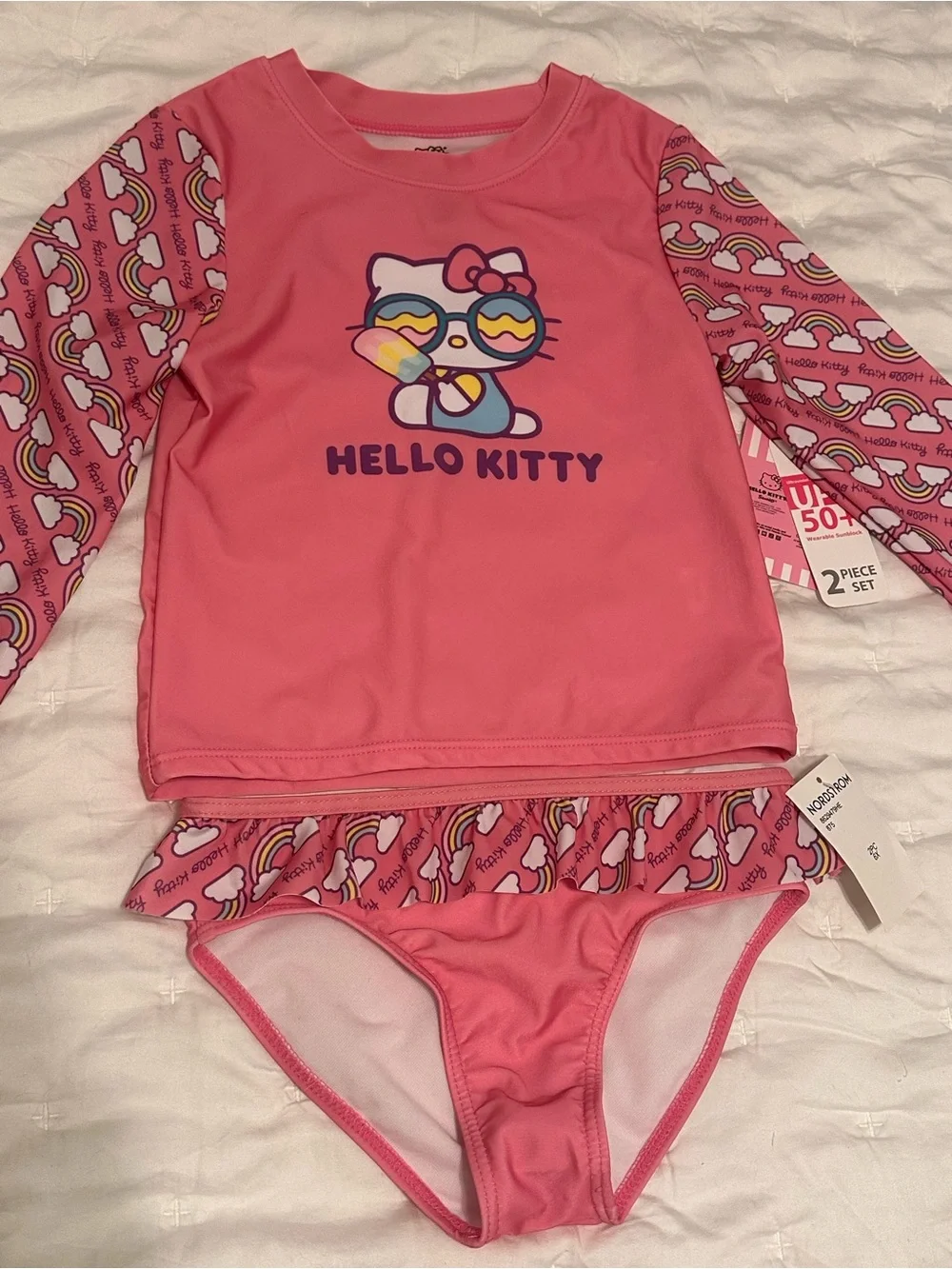 NWT Hello Kitty Sanrio Pink Long-Sleeve Rashguard Two-Piece Swimsuit Size 6 / 6X